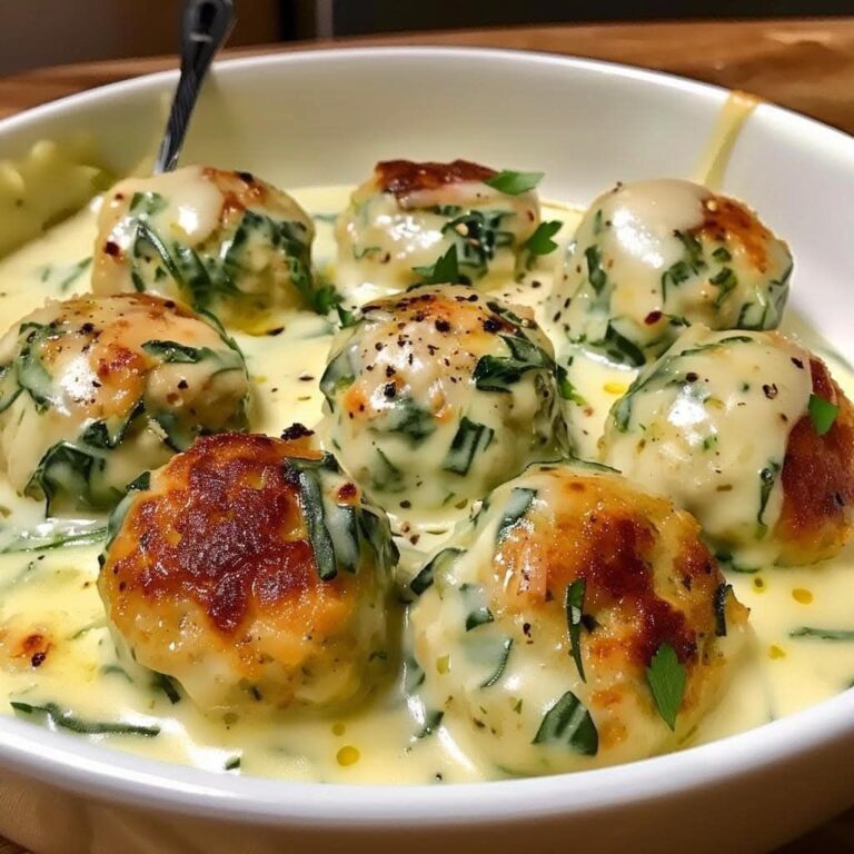 Chicken Ricotta Meatballs nestled in a velvety Spinach Alfredo Sauce