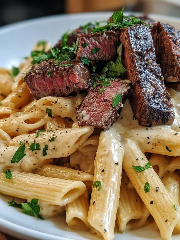 STEAK PENNE PASTA WITH CREAMY GARLIC PARMESAN SAUCE 