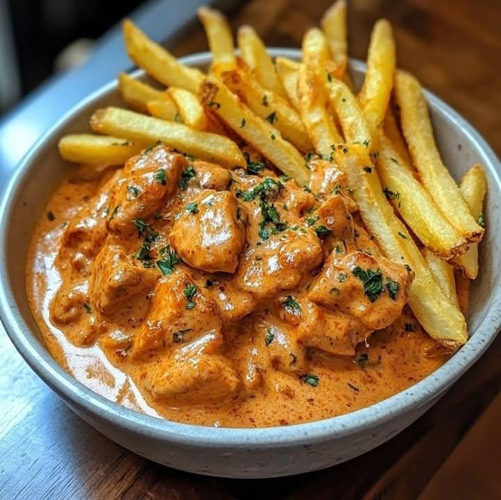 Kremowy kurczak w maśle z sosem czosnkowym i chrupiącymi, złocistymi frytkami..