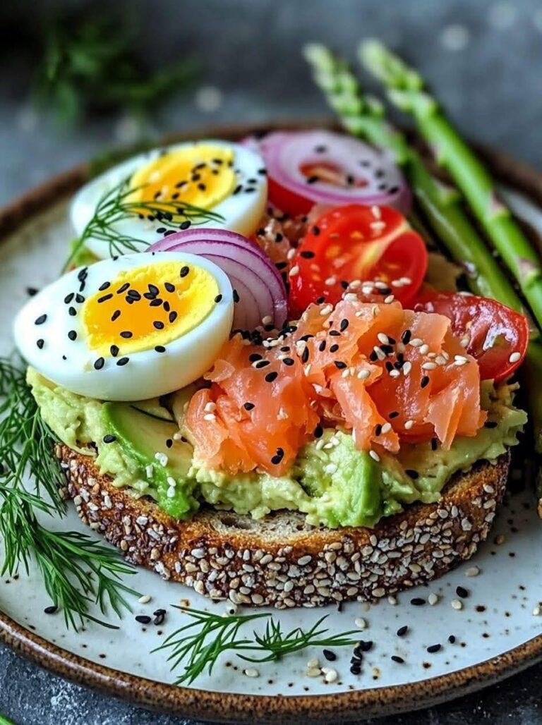  Avocado Toast with Asparagus, Smoked Salmon & Eggs