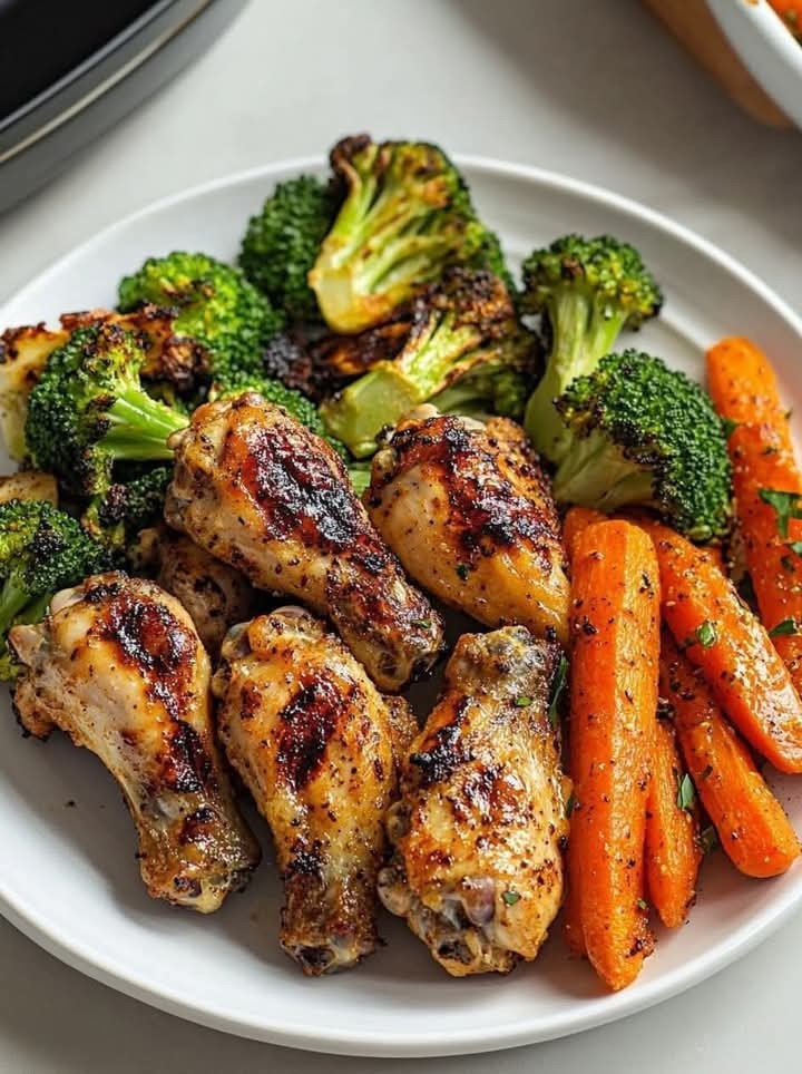 Grillowane skrzydełka kurczaka z pieczonym brokułem i marchewką