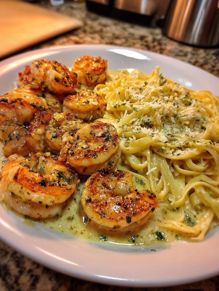 GARLIC BUTTER SHRIMP WITH CREAMY GARLIC PARMESAN LINGUINE