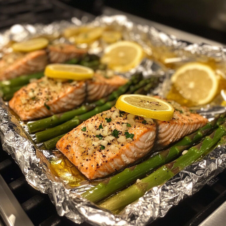 Łosoś grillowany z cytryną, czosnkiem i szparagami w folii