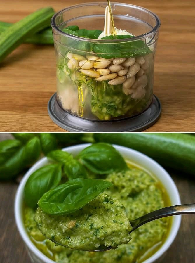 Nie miałam zbyt wiele bazylii, więc zrobiłam pesto z cukinii: stało się moim ulubionym daniem, teraz nawet trzymam je w zamrażarce, a ma tylko 170 kalorii! Przepis w komentarzach!