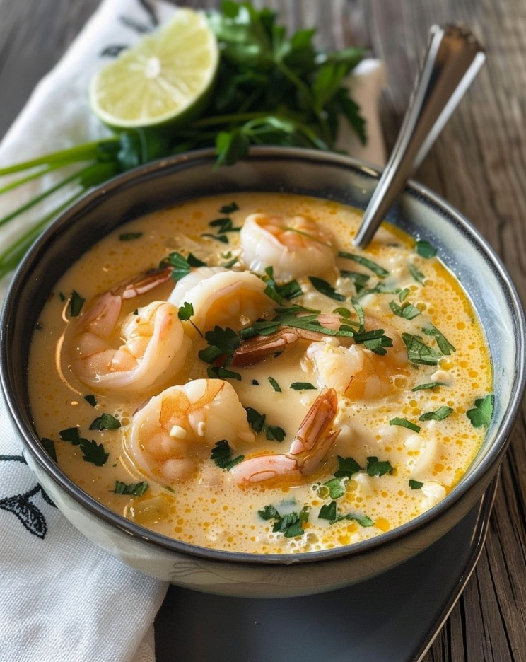 Zupa Krewetkowa z Mlekiem Kokosowym i Limonką Składniki: • 1 łyżka oleju roślinnego • 450 g krewetek, obranych i oczyszczonych • 2 ząbki czosnku, posiekane • 1 łyżka świeżego imbiru, startego • 1 czerwona papryczka chili, posiekana • 400 ml mleka kokosowego • 500 ml bulionu drobiowego • 2 łyżki sosu rybnego • Sok z 2 limonek • Świeża kolendra do dekoracji 😍👇👇