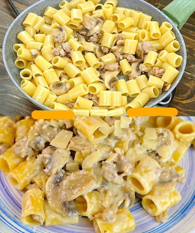 Kremowy makaron z kiełbasą i pieczarkami 👇👇👇