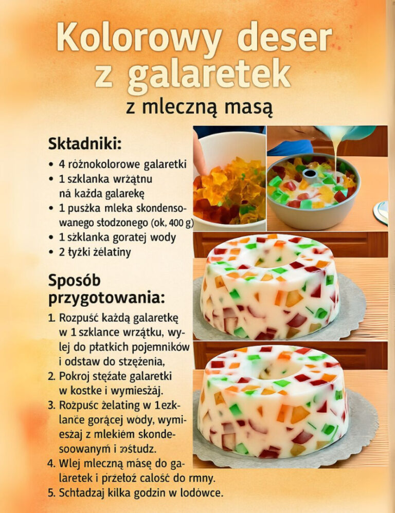Chcecie totalnej uczty dla oczu i podniebienia? Ten deser to miks soczystych galaretek zatopionych w kremowym mlecznym sosie – idealny na letnie przyjęcia i chill w domowym zaciszu! Składniki: 4 różnokolorowe galaretki 4 szklanki wrzątku (po 1 szklance na każdą galaretkę) 👇👇👇