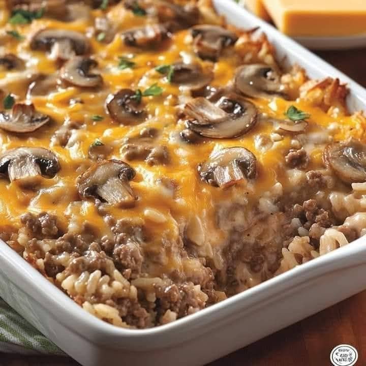 Creamy Beef & Mushroom Rice Bake