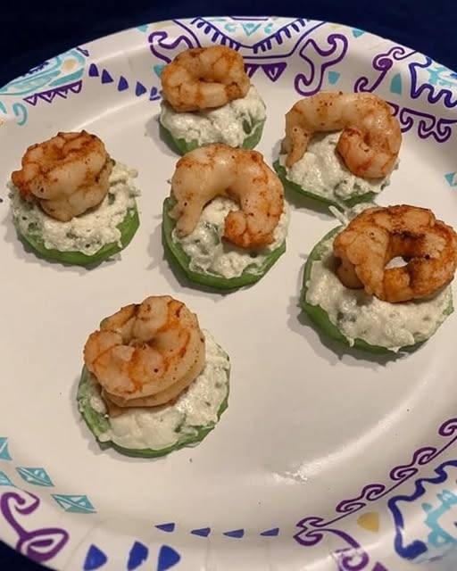 Cucumber, jalapeño artichoke dip, and Cajun steamed shrimp.