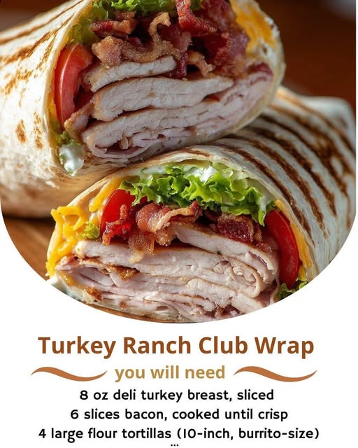 Turkey Ranch Club Wrap Recipe A satisfying and easy-to-make wrap filled with lean turkey, crispy bacon, crunchy lettuce, juicy tomatoes, creamy ranch, and cheese—all rolled up in a soft tortilla