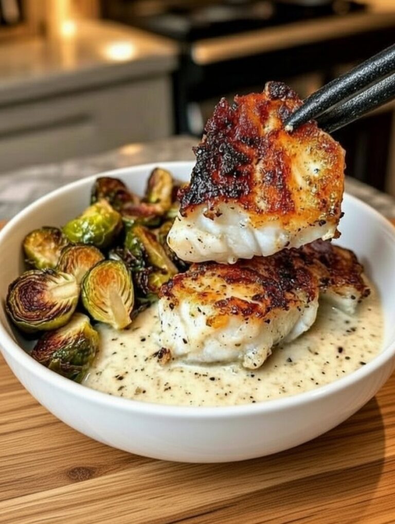 Pan-Seared Fish with Creamy Sauce and Roasted Brussels Sprouts